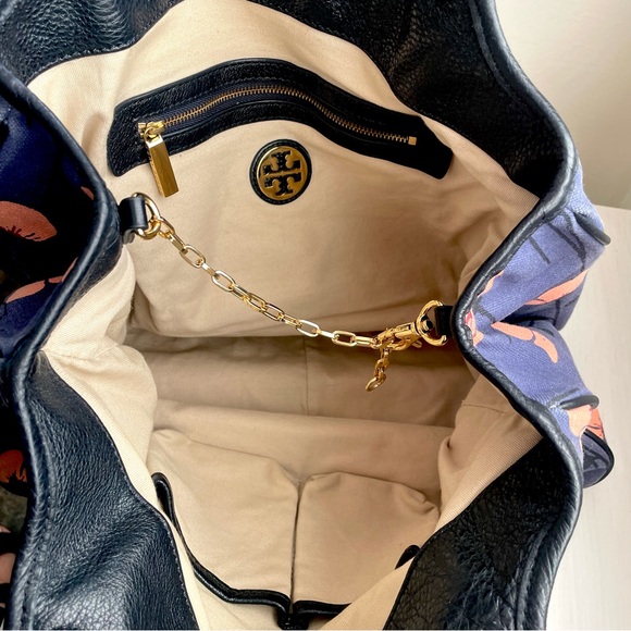 Tory Burch Floral Canvas Large Handbag Blue and Coral - Picture 10 of 11